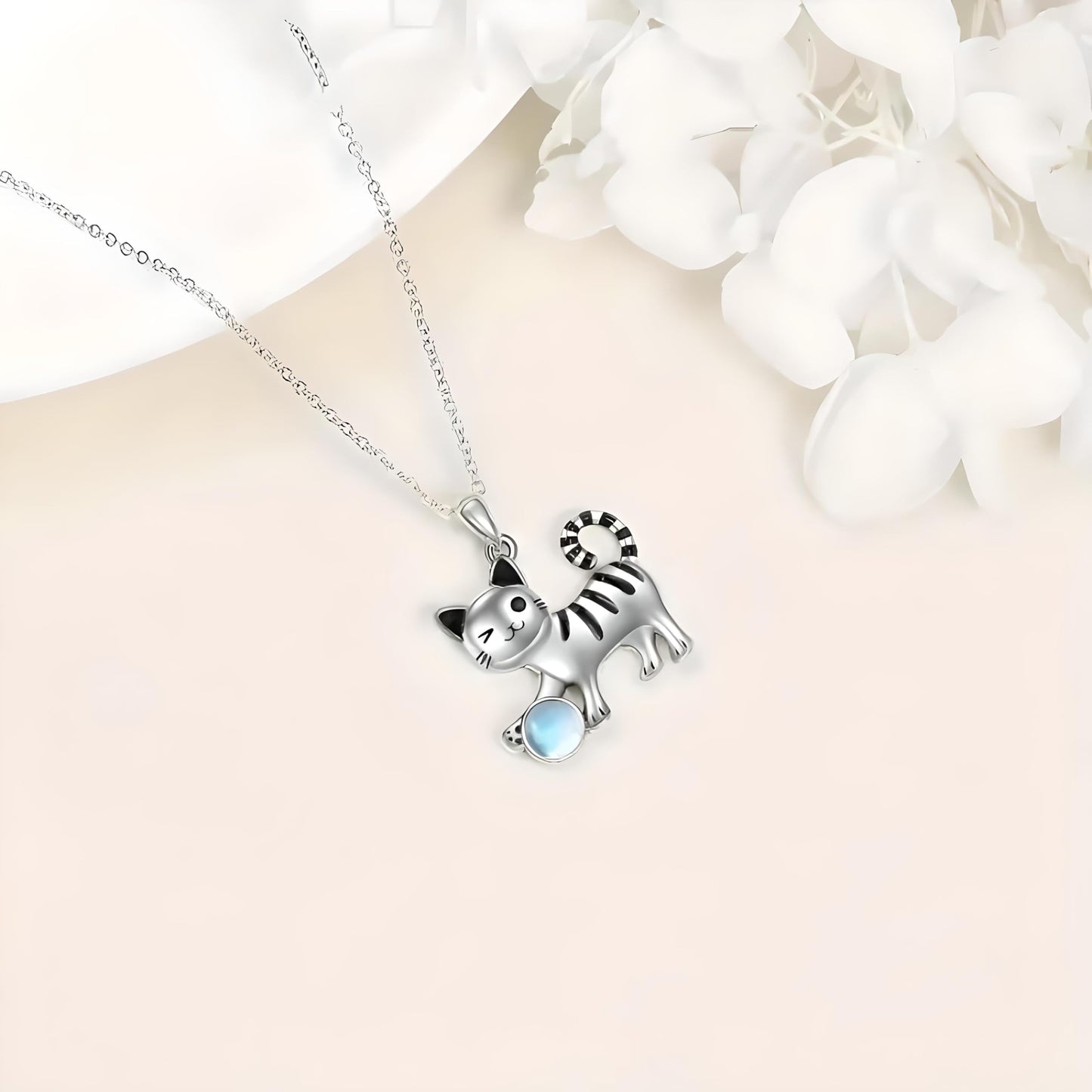 SUPAC Winking Cat Pendant Necklace Playing With Blue Ball, Sterling Silver Chain, Moonstone Ball Charm - Cat Lovers' Gift
