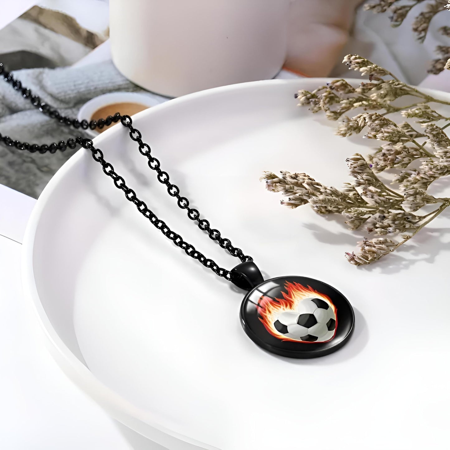 SUPAC Sports Pendant Necklace with Flaming Soccer Ball and Baseball Design, 21.65 inch Chain with 1.97 inch Extension, Black (Soccer)