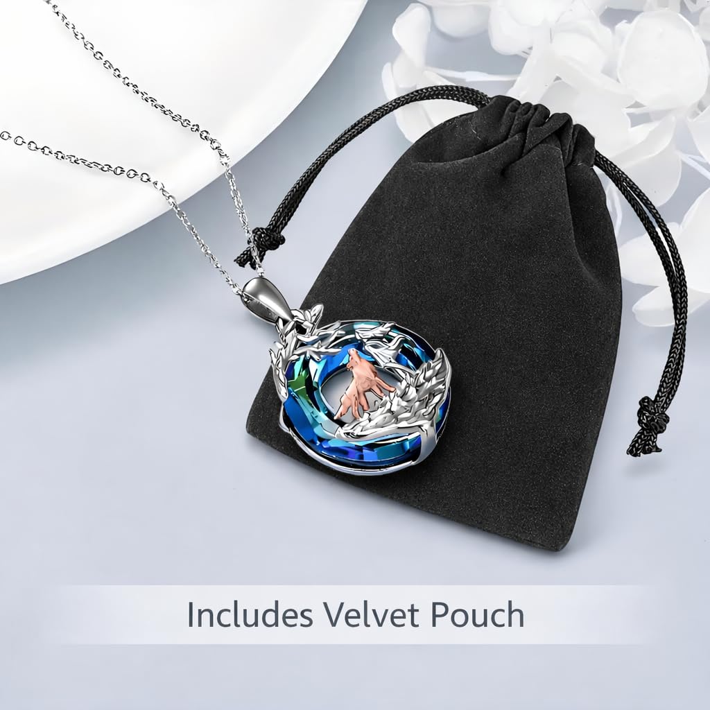 SUPAC Wolf Winter Scene Pendant Necklace, Blue Crystal, Stainless Steel Chain, 1.25 inch