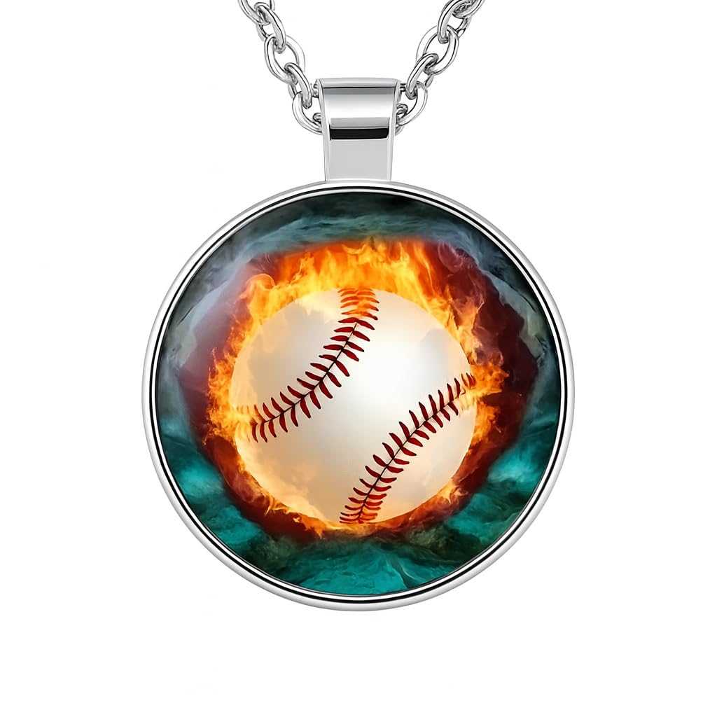 SUPAC Sports Pendant Necklace with Flaming Soccer Ball and Baseball Design, 21.65 inch Chain with 1.97 inch Extension, Black (Baseball)