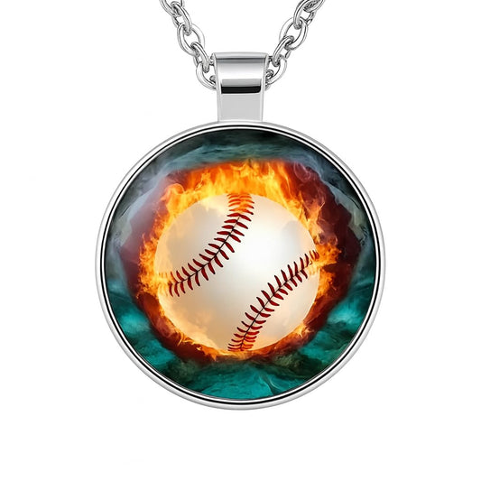 SUPAC Sports Pendant Necklace with Flaming Soccer Ball and Baseball Design, 21.65 inch Chain with 1.97 inch Extension, Black (Baseball)