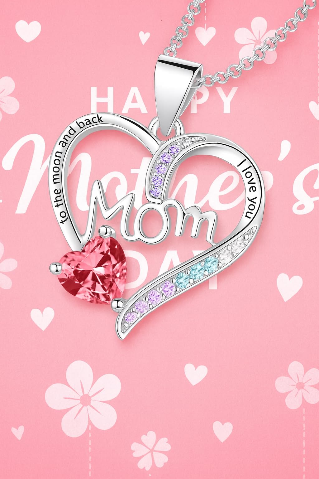 Gold Heart Shaped "MAMA" Necklace, Sparkling Stainless Steel Necklace- with Blue and Pink Simulated Diamonds, Christmas or Birthday Gift (Red Heart)