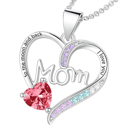 Gold Heart Shaped "MAMA" Necklace, Sparkling Stainless Steel Necklace- with Blue and Pink Simulated Diamonds, Christmas or Birthday Gift (Red Heart)
