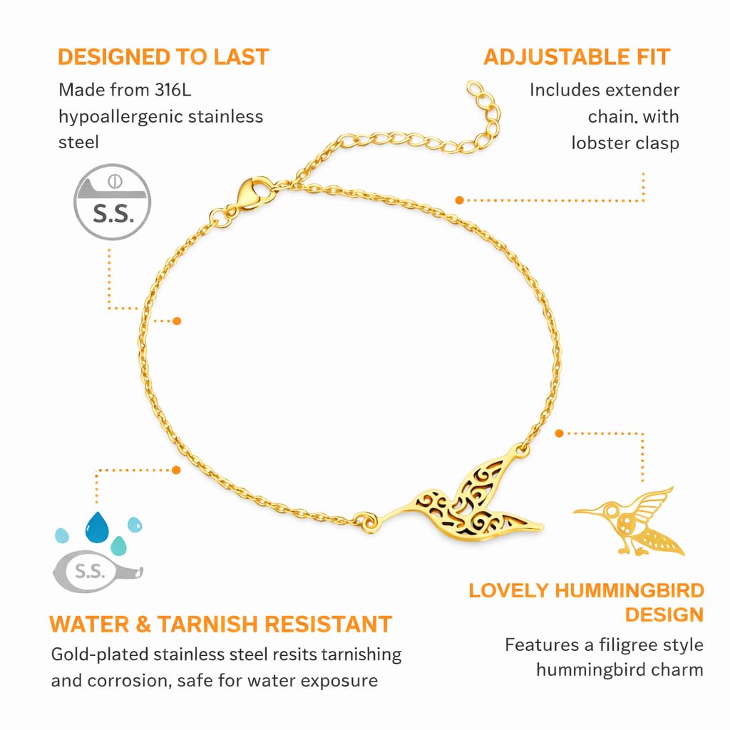 Dainty Hummingbird Chain Bracelet, Gold-Tone, 6.5-8.1 Inches Adjustable Length
