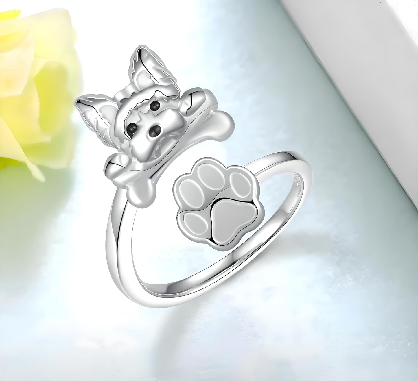 German Shepherd, Yorkie, Pug Dog Paw Adjustable Ring, Sterling Silver, Paw Print Design with Crystal Accents - Christmas, Birthday, or Party Ring