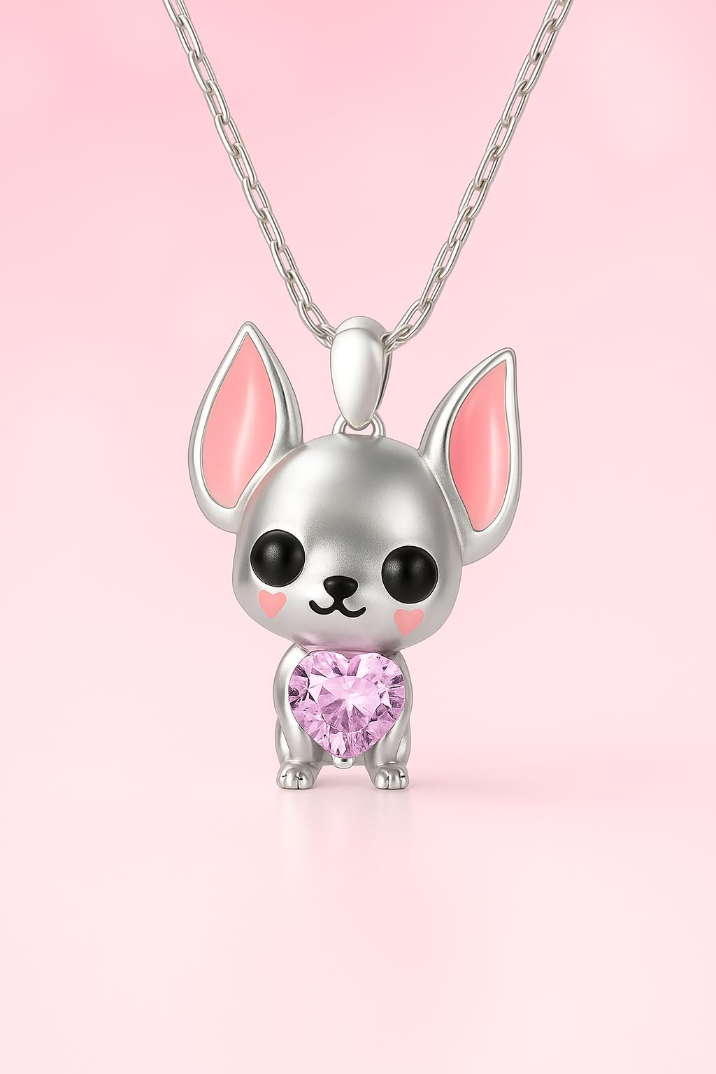 SUPAC Silver Chihuahua Pendant Necklace with Pink Crystal Heart, 17.72 inch Chain - Chihuahua Gift
