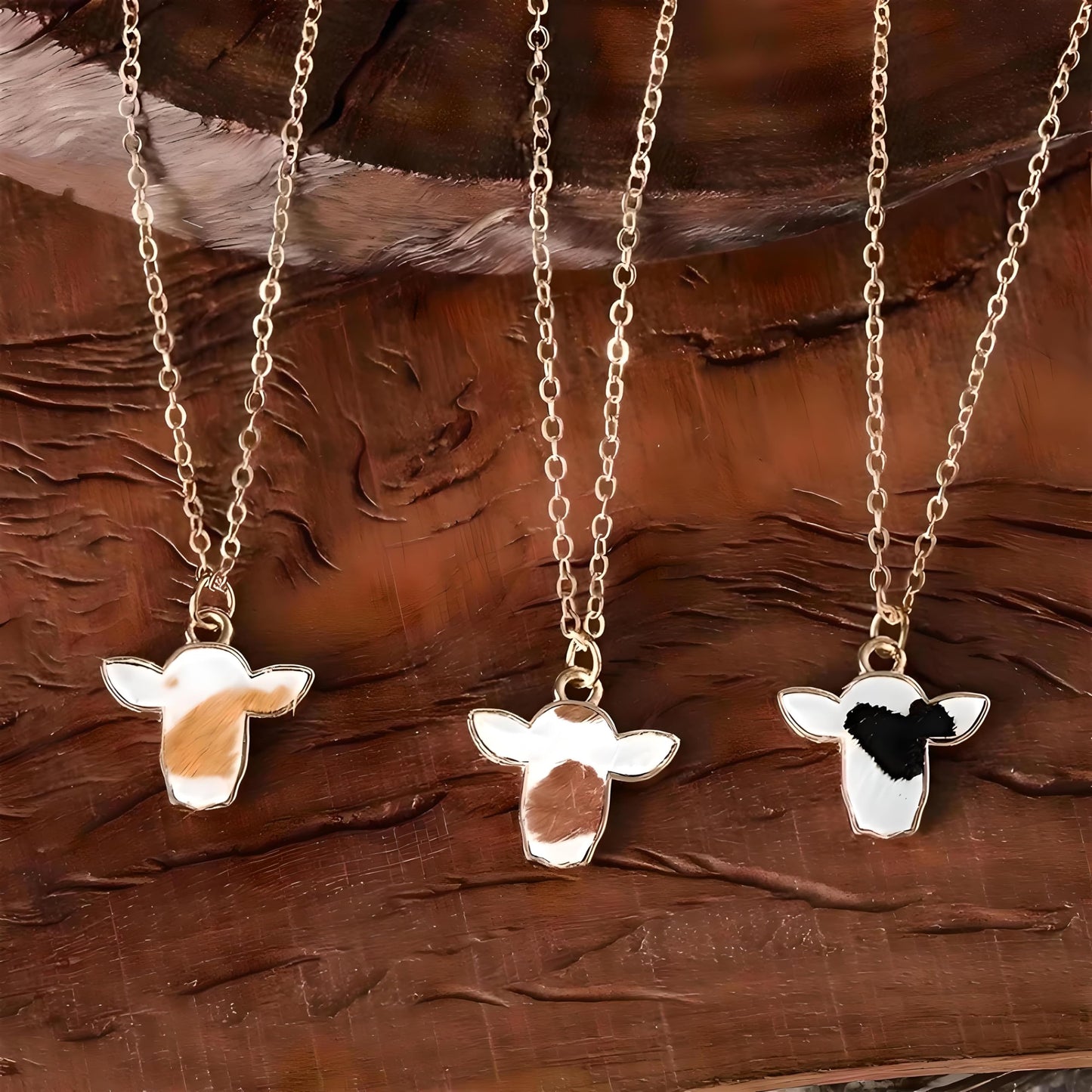 SUPAC Cow Print Pendant Necklace, Gold Chain, Black and White Enamel, Western Style - Cowhide Hair