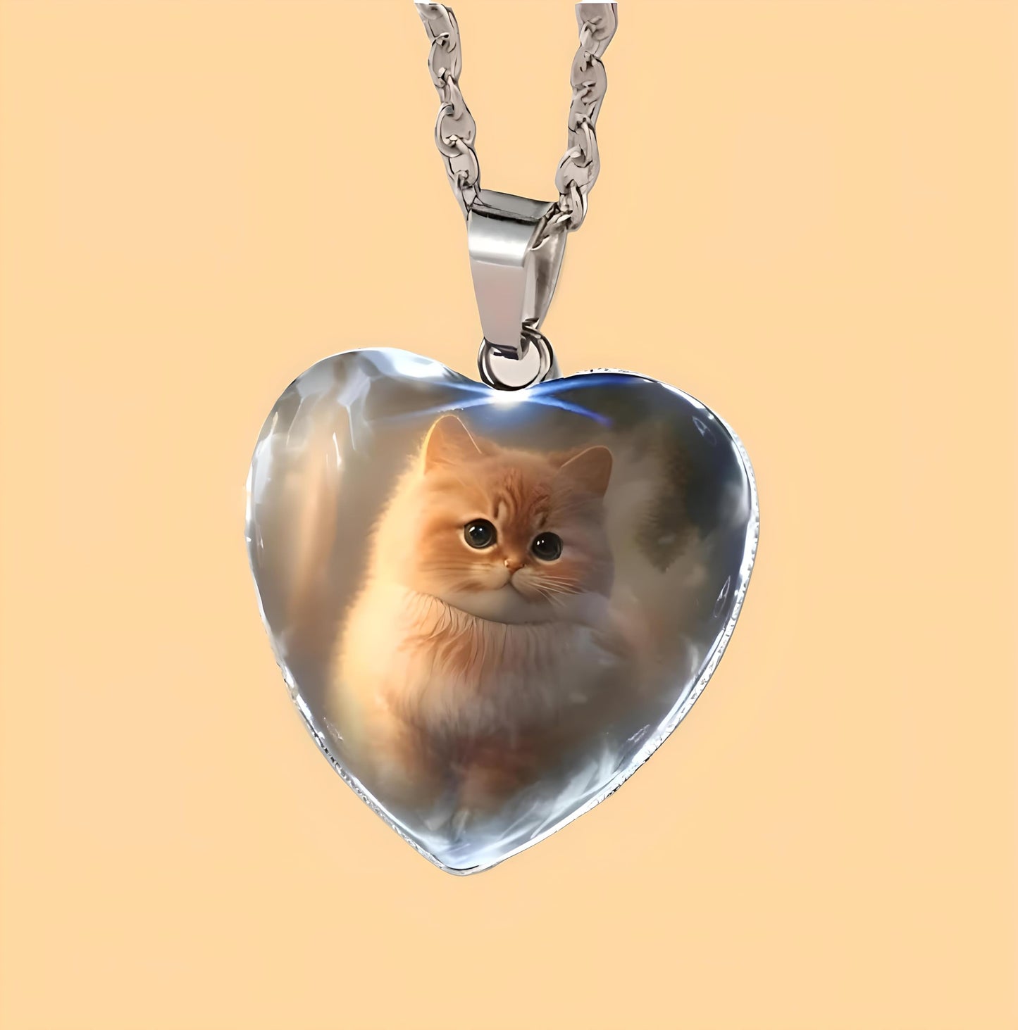 Heart-Shaped Pendant Necklace with Different Animals - Panda, Horse, Deer, Cat, Elephant, Dog Scenic Views, Stainless Steel Necklace with Glass Pendant - Christmas, Holiday, or Birthday Gift (Orange Cat)