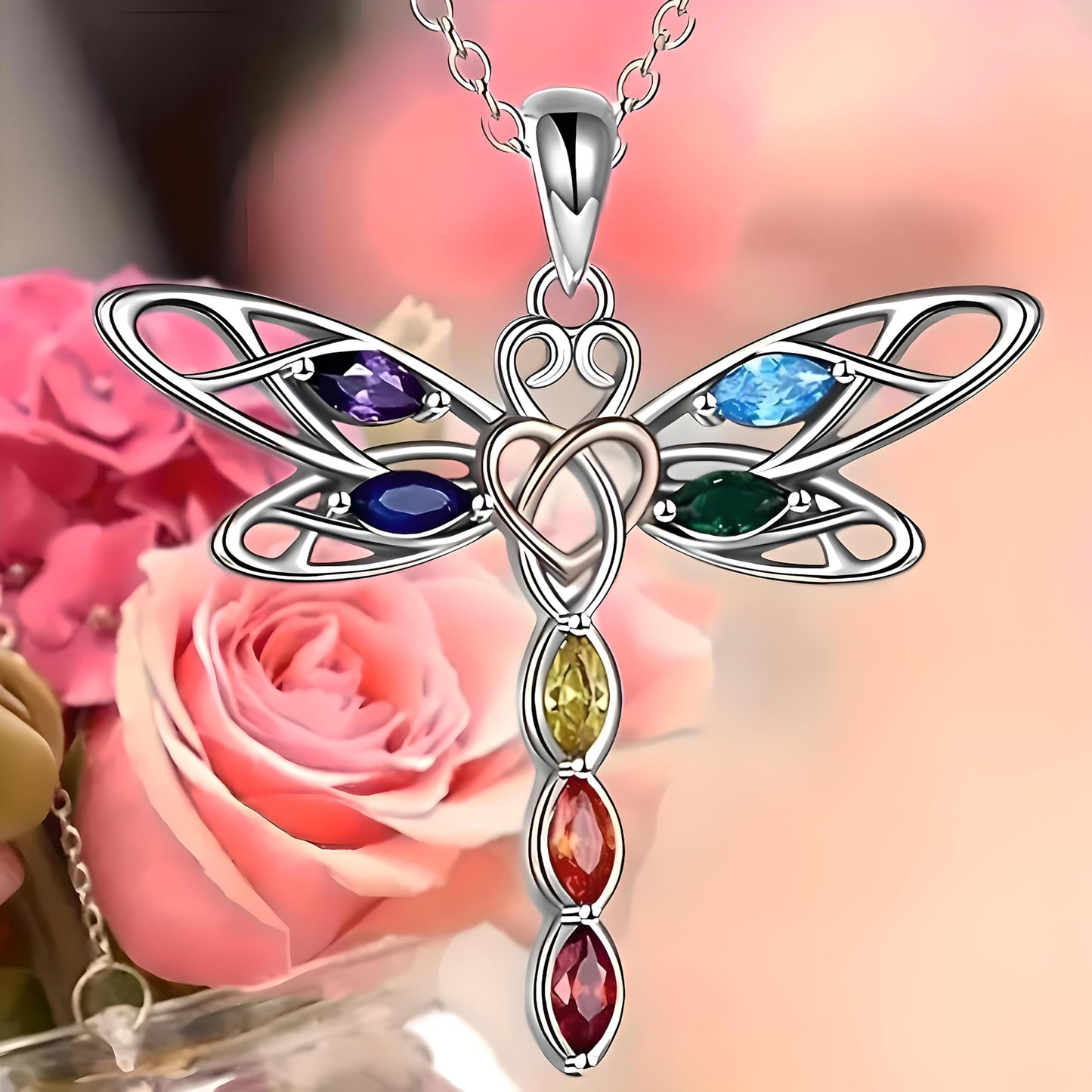 Sterling Silver Dragonfly Pendant Necklace, Multi-Color Crystal Wings, Celtic Heart Design - Dragonfly Gift