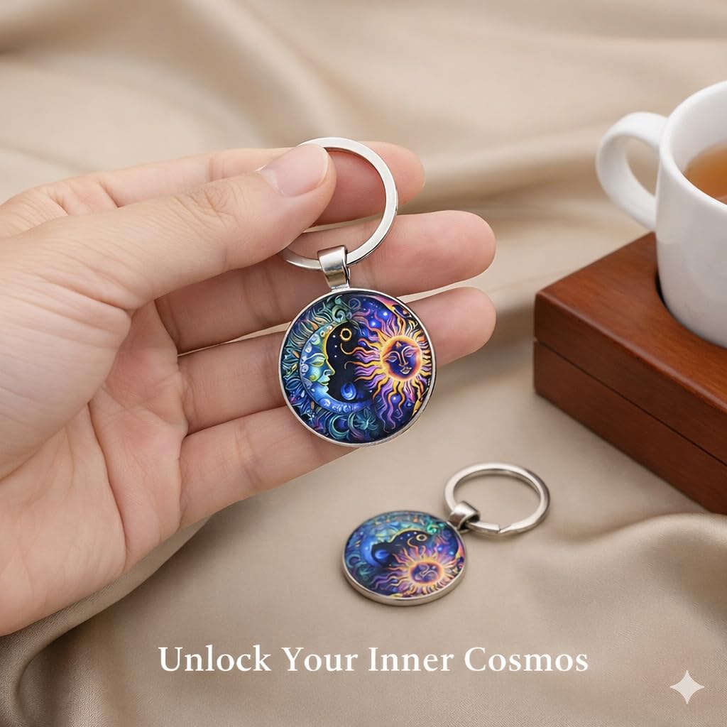 Celestial Sun and Moon Pendant Keychain, 17.7 inch Chain, Colorful Mystical Design (Celestial Sun and Moon Keychain)
