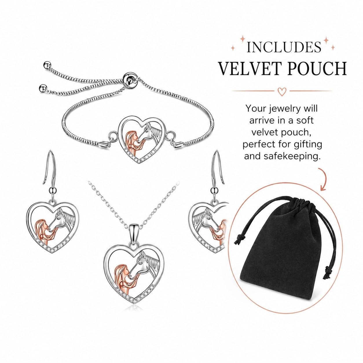SUPAC Heart-Shaped Horse Jewelry Set, Silver and Rose Gold, Necklace and Earrings with Crystal Accents, 18+2 inch Chain
