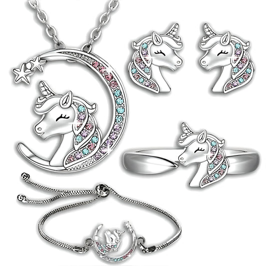 Unicorn Crystal Jewelry Set, Moon Necklace, Earrings, Ring and Bracelet, Silver - Unicorn Jewerly Gift