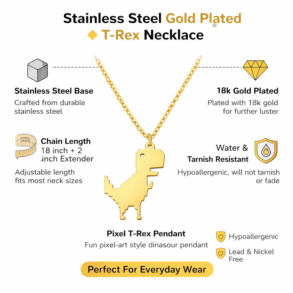 SUPAC Stainless Steel Plated T-Rex Dinosaur Pendant Necklace for Men or Women - Christmas or Birthday Gift