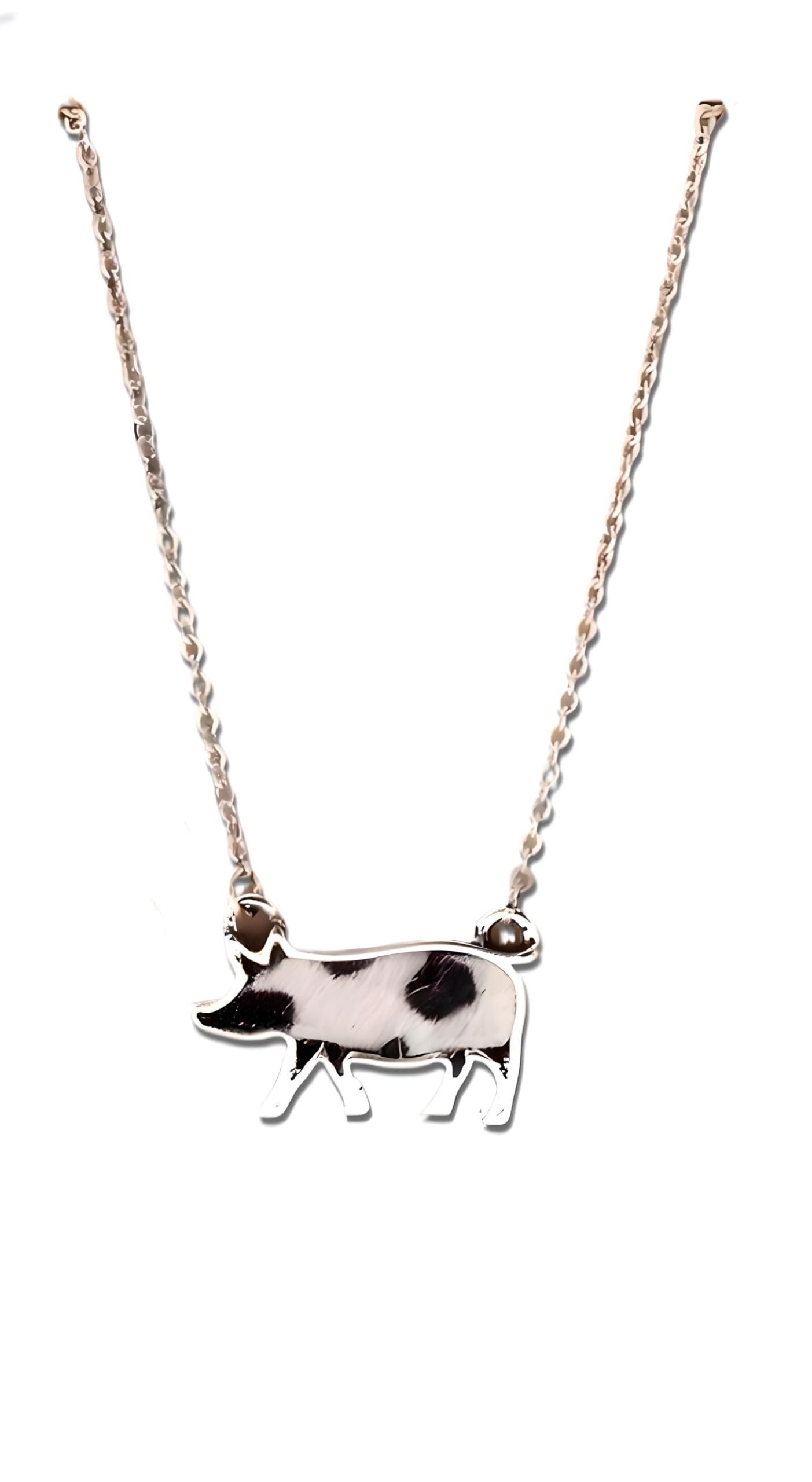 Western Farm Animal Pendant Necklace, Cow, Horse, Goat, and Pig Hide - Silver Chain, 15.35 inch + 1.97 inch Extension
