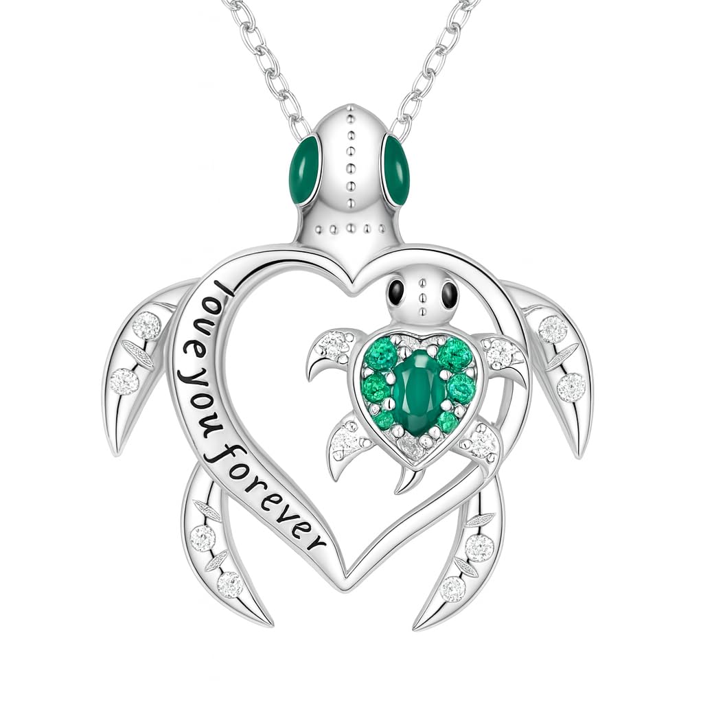 SUPAC Cute Green Turtle Mother Pendant Necklace, Animal Jewelry, Christmas or Birthday Gift