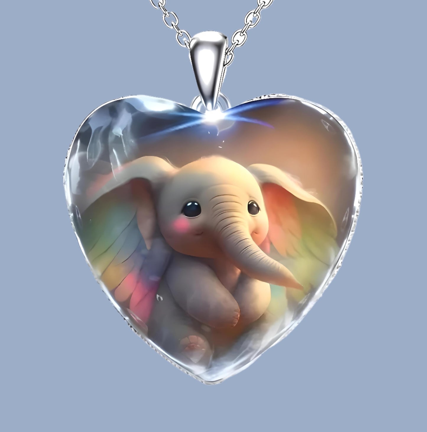 Heart-Shaped Pendant Necklace with Different Animals - Panda, Horse, Deer, Cat, Elephant, Dog Scenic Views, Stainless Steel Necklace with Glass Pendant - Christmas, Holiday, or Birthday Gift (Elephant)