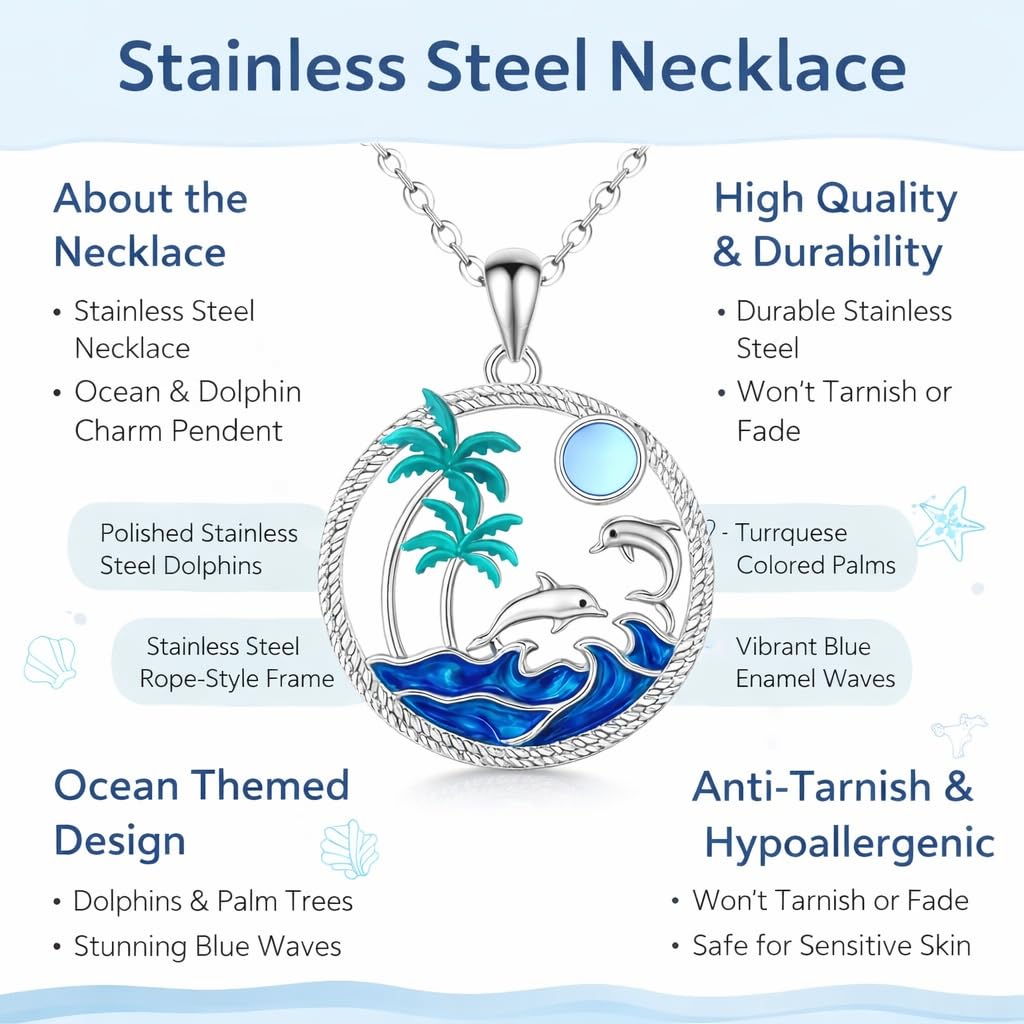 Tropical Beach Scene Pendant Necklace, Silver Chain with Dolphins and Palm Trees, Blue Ocean Wave Design, 17.7 + 2 Inch