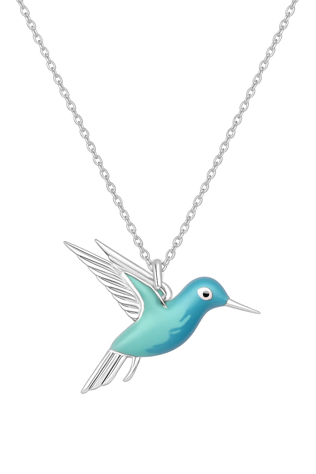 SUPAC Hummingbird Pendant Necklace, Sterling Silver Chain, Turquoise Blue Enamel