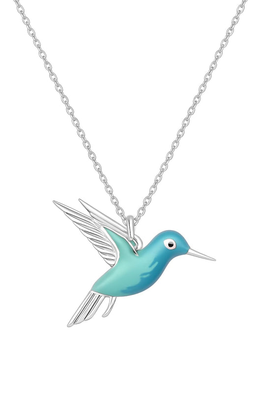 SUPAC Hummingbird Pendant Necklace, Sterling Silver Chain, Turquoise Blue Enamel
