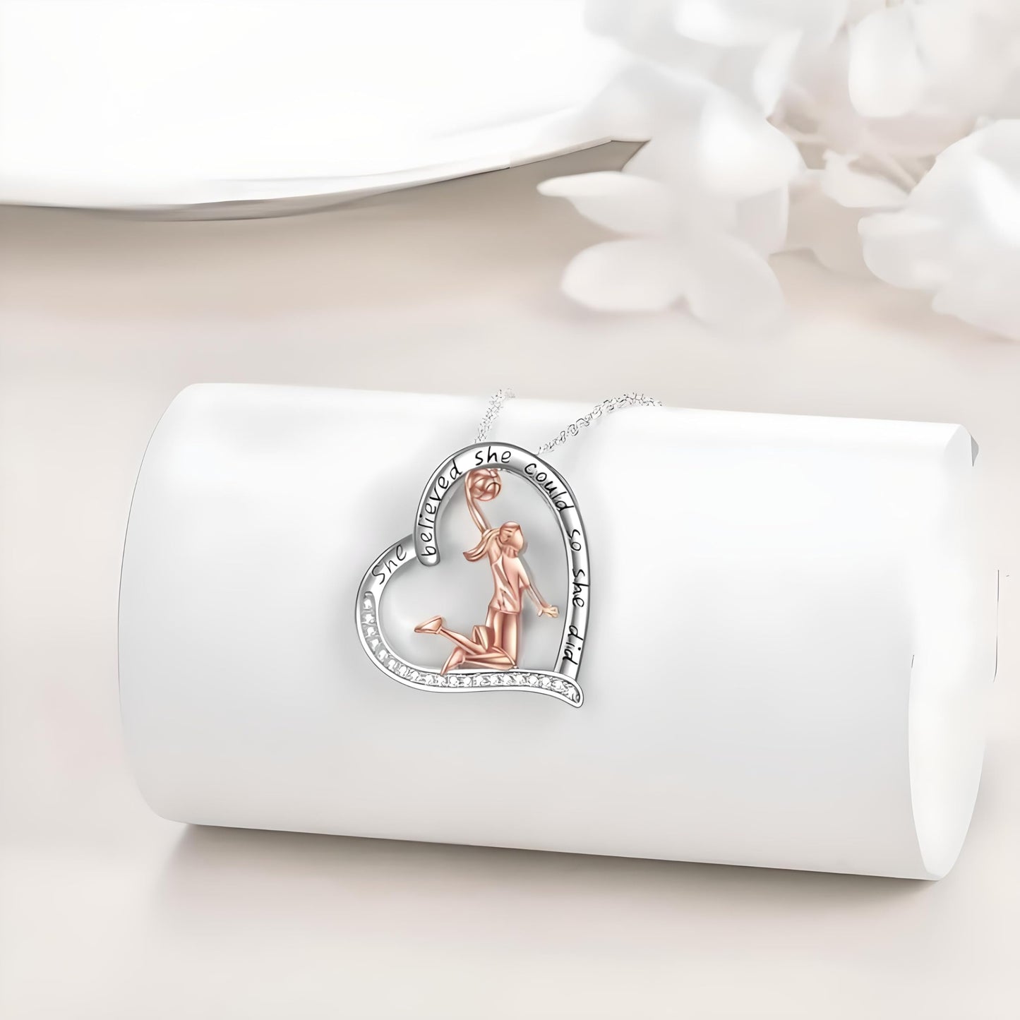 Sports Heart Necklace, 9 Different Sport Options: Basketball, Jumping Cheerleader, Gymnast, Softball, Volleyball, Ballet Ballerina, Runner, Sports Accessories Birthday Gift- Simulated Rainbow Diamonds, Christmas, Birthday or Party Gift