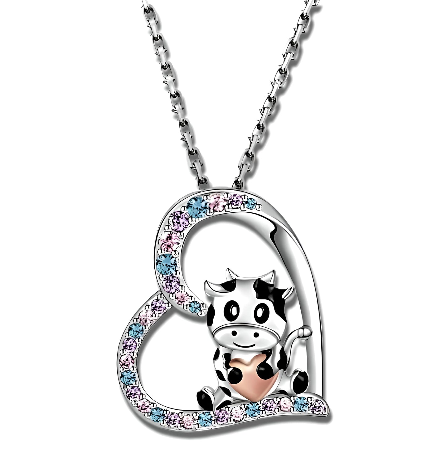 Blue Heart Shaped Mother and her Calf Cow Pendant Necklace for Women - Mother's Day Gift, Christmas, or Birthday Gift