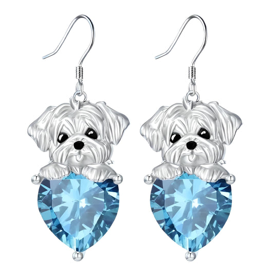 Decorative Dog Dangle Earrings, Blue Crystal Heart, Silver Shih Tzu Design