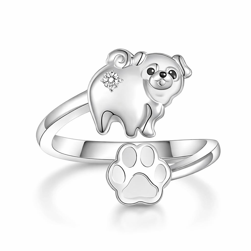 SUPAC German Shepherd, Yorkie, Pug Dog Paw Adjustable Ring, Sterling Silver, Paw Print Design with Crystal Accents - Christmas, Birthday, or Party Ring