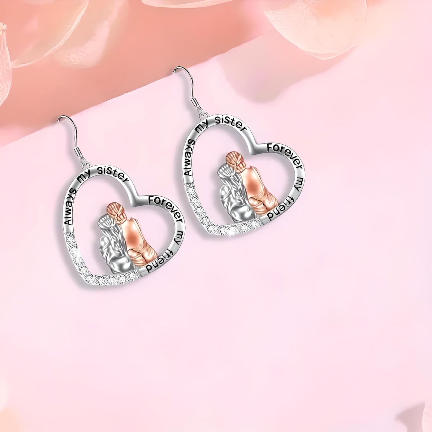 3PCS Sister Love Heart Pendant Necklace Set, Fashion Alloy, One necklace with Two Earings- White Gold Plated Jewelry for Women – "Always my sister, Forever my friend" -Ideal Birthday, Christmas, Party Gift