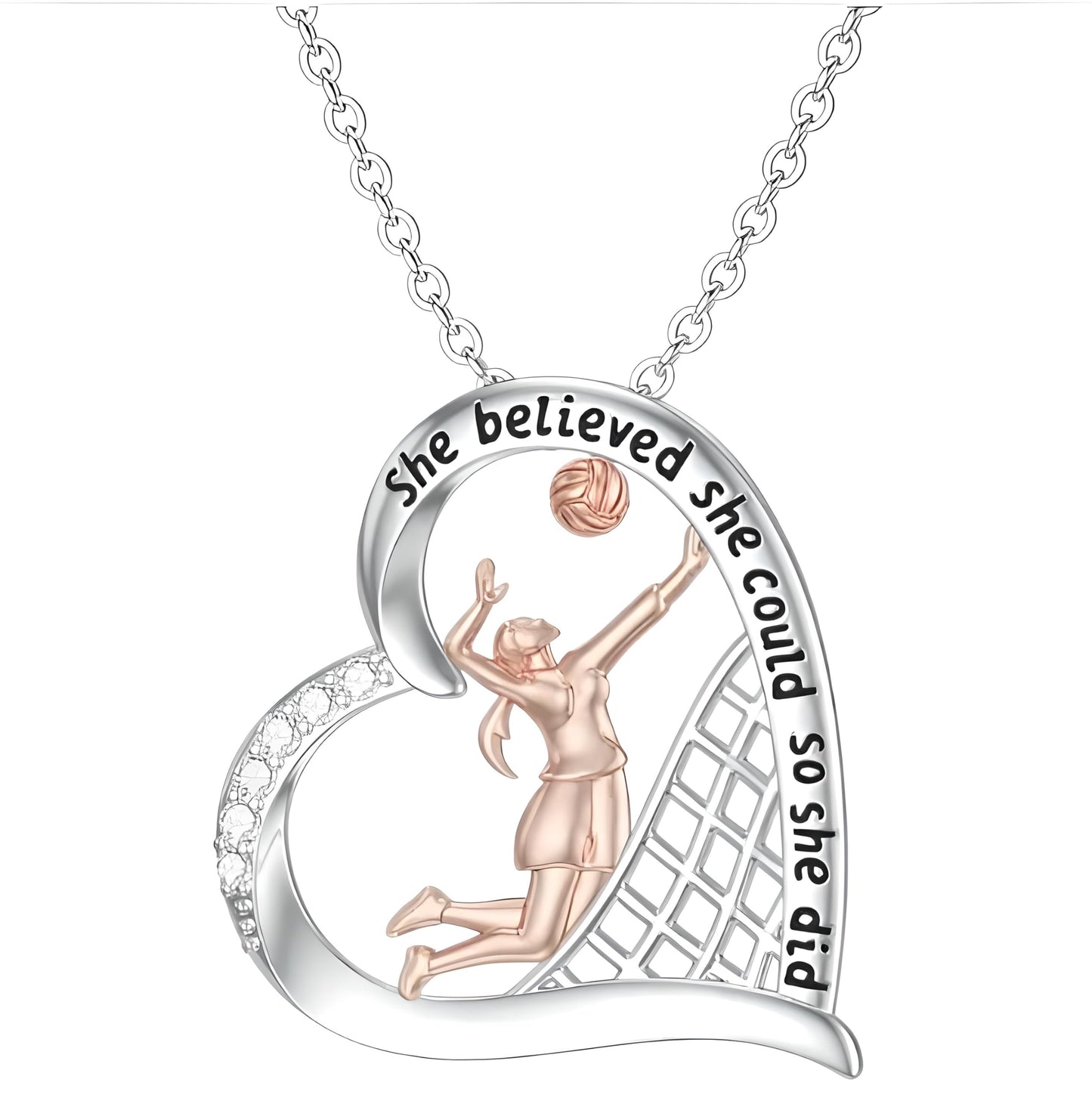 Sports Heart Necklace, 9 Different Sport Options: Basketball, Jumping Cheerleader, Gymnast, Softball, Volleyball, Ballet Ballerina, Runner, Sports Accessories Birthday Gift- Simulated Rainbow Diamonds, Christmas, Birthday or Party Gift