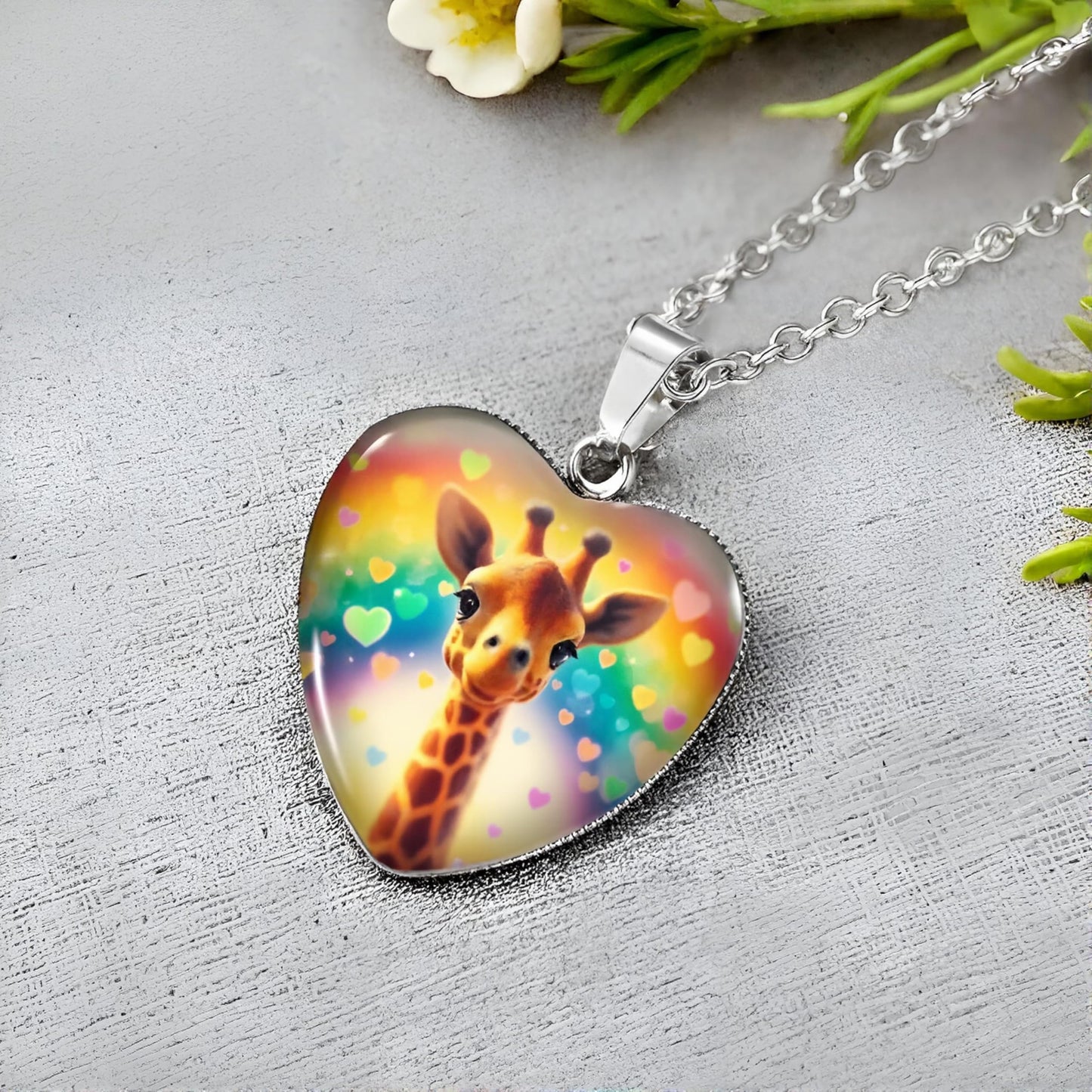 Cute Exquisite Giraffe Animal Detail Heart Pendant Necklace, Stainless Steel Chain- Christmas, Birthday, or Party Gift For Women