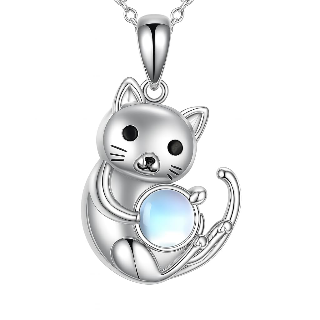 SUPAC Winking Cat Pendant Necklace Playing With Blue Ball, Sterling Silver Chain, Moonstone Ball Charm - Animal Lovers' Gift (Sitting Cat)