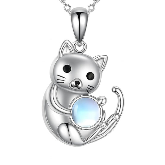 SUPAC Winking Cat Pendant Necklace Playing With Blue Ball, Sterling Silver Chain, Moonstone Ball Charm - Animal Lovers' Gift (Sitting Cat)
