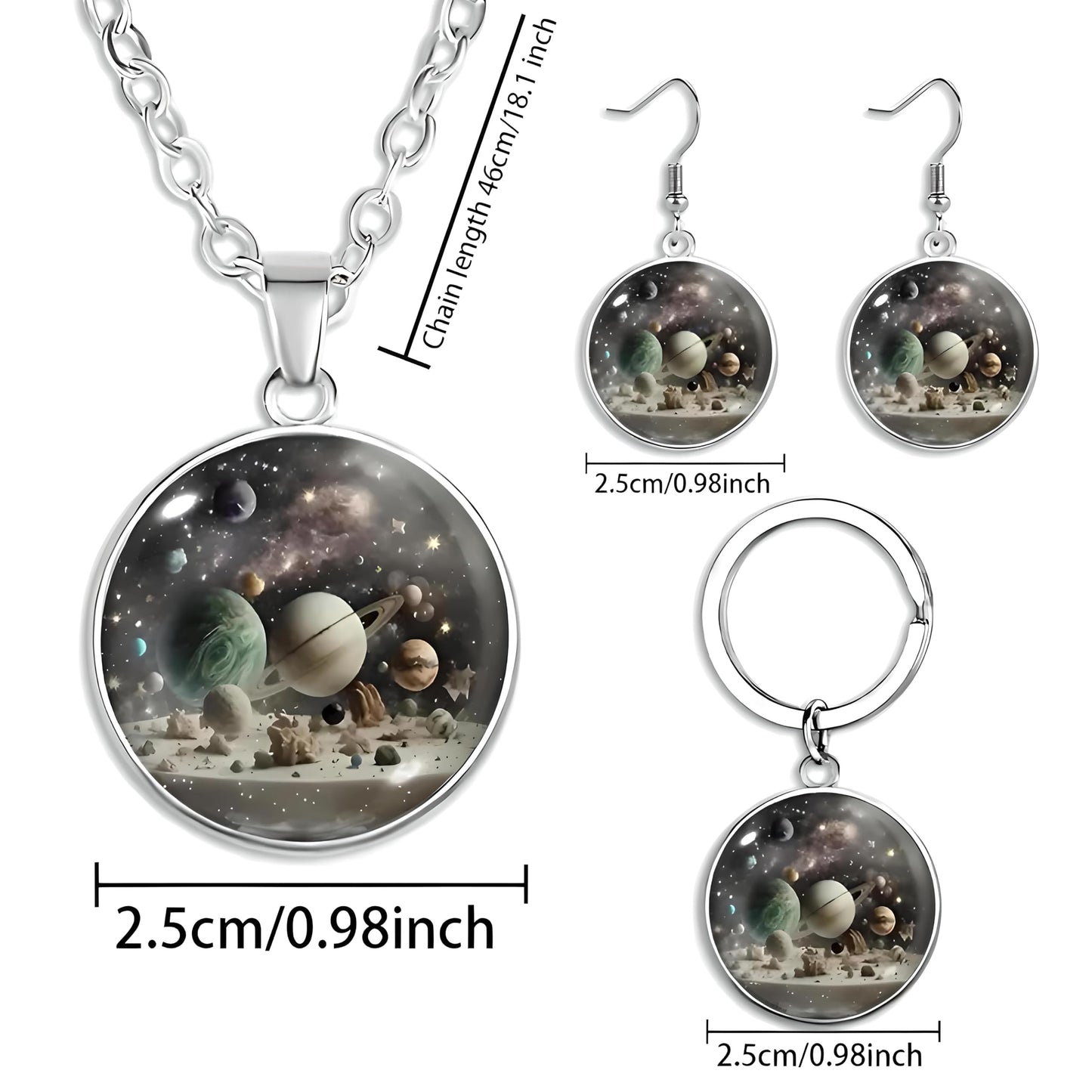 Galaxy Space Jewelry Set, Solar System Pendant Necklace with Earrings and Keychain - Solar System Jewelry Gift