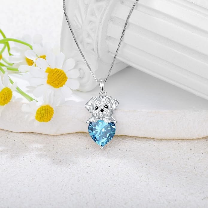 Sterling Silver Dog Necklace with Blue Heart Crystal, Shih Tzu Jewelry - Gift for Women