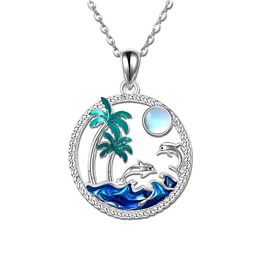 Tropical Beach Pendant Necklace, Sterling Silver Dolphin and Palm Tree Design, 19.7 Inch Chain