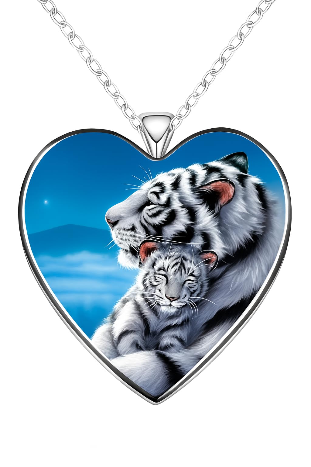 SUPAC Heart-Shaped Tiger Mom and Cub Pendant Necklace, Cute White and Black Tigers with Stainless Steel Chain, Birthday, Holiday or Christmas Gift