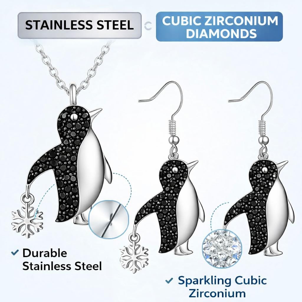 SUPAC Crystal Penguin Jewelry Set, Silver Necklace and Earrings with Snowflake Charm, Black - Gift for Penguin Lovers