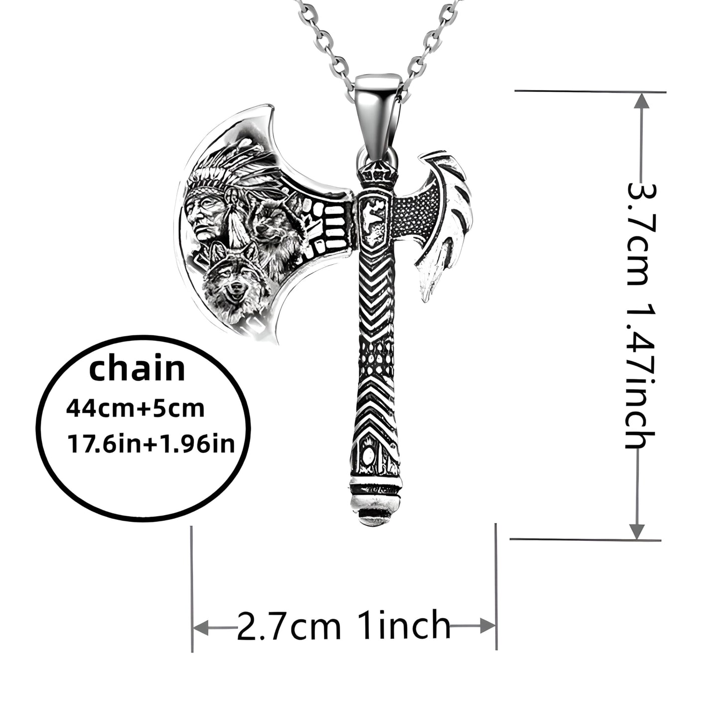 Indian Axe Pendant Necklace, Native American Wolf Design, Stainless Steel Chain