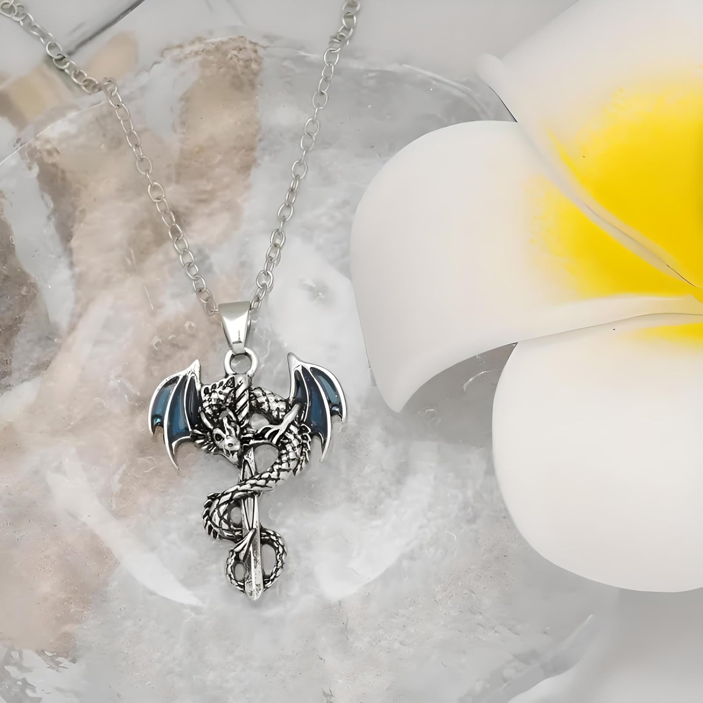 SUPAC Dragon Sword Jewelry Set, Silver Pendant Necklace and Earrings with Iridescent Wings, Gothic Fantasy Design