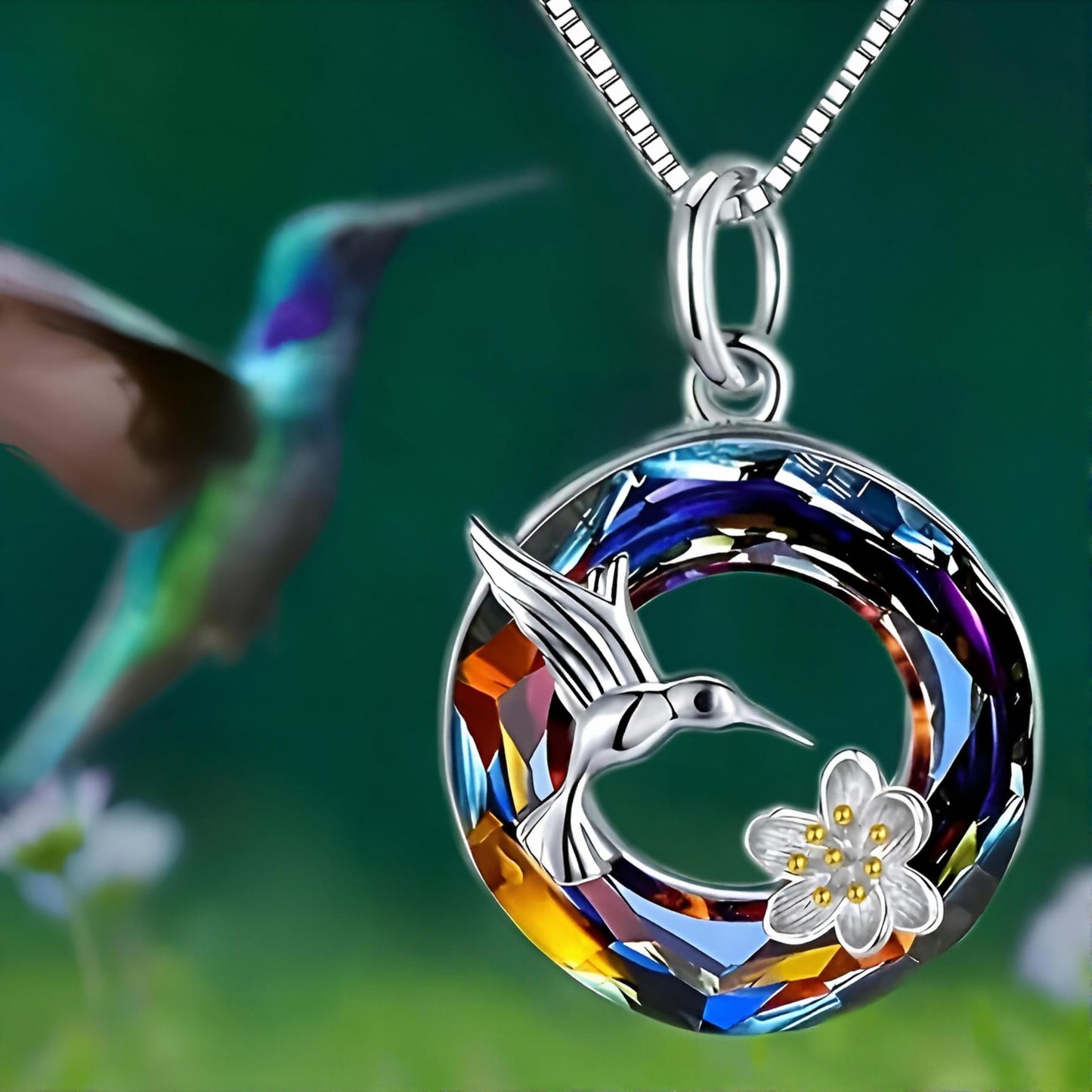 Stainless Steel Animal Pendant Necklace Set, Elephant with Sunflower, Hummingbird, Cat Design, Multi-Color Crystal (Hummingbird)