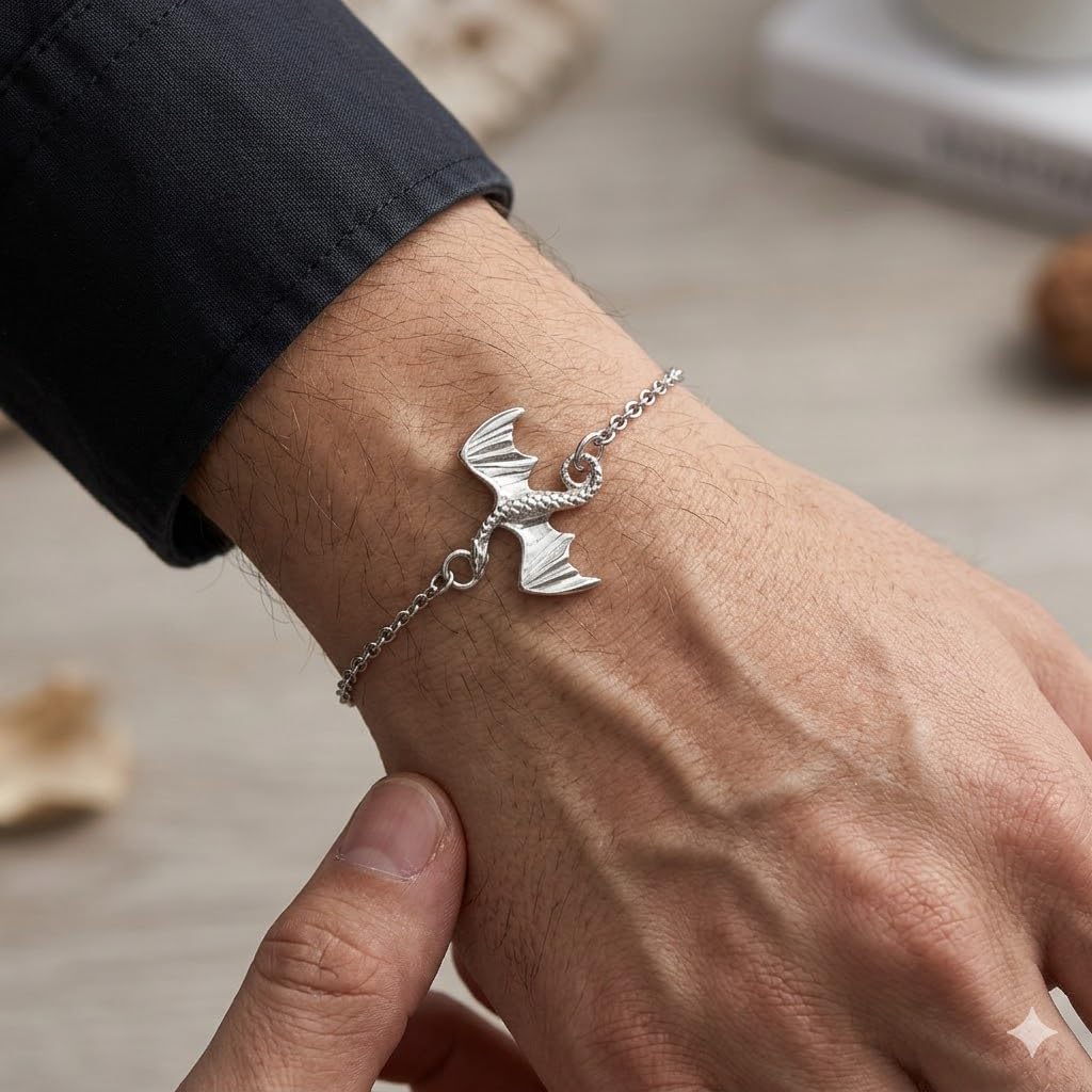 SUPAC Dragon Charm Bracelet, Silver Plated Stainless Steel, Adjustable Chain, Hypoallergenic, Waterproof, 9.84 in + 1.97 in Extender