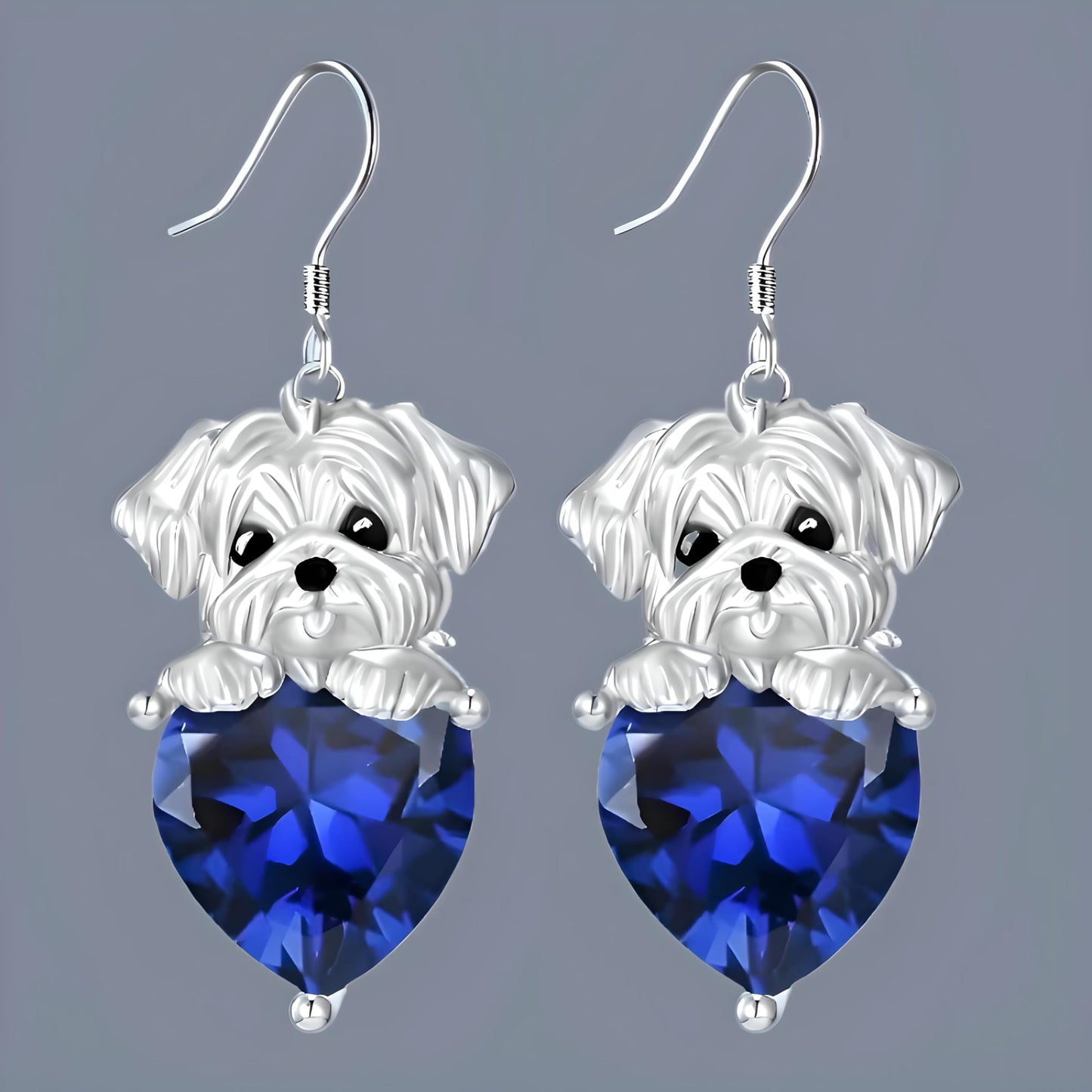 Decorative Dog Dangle Earrings, Blue Crystal Heart, Silver Shih Tzu Design
