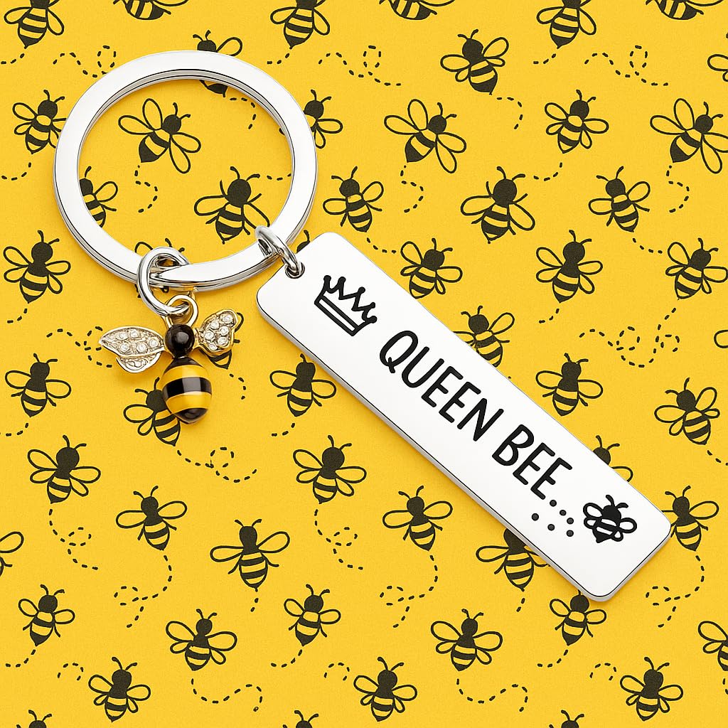 SUPAC Queen Bee Keychain with Crystal Bee Charm, Stainless Steel Bar Tag, Crown Design, 5cm Length - Bee Lovers' Gift