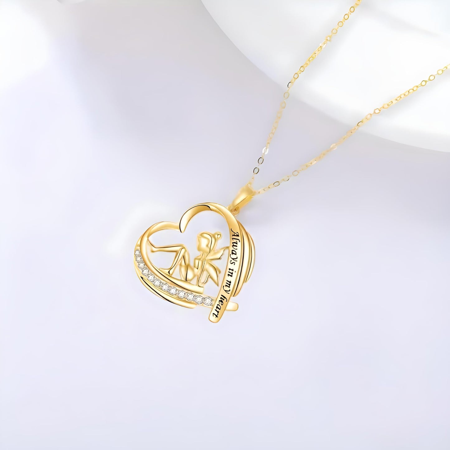 Gold Fairy Heart Shaped Necklace, Women's Fashion Jewelry Gift- 'Always in my heart'