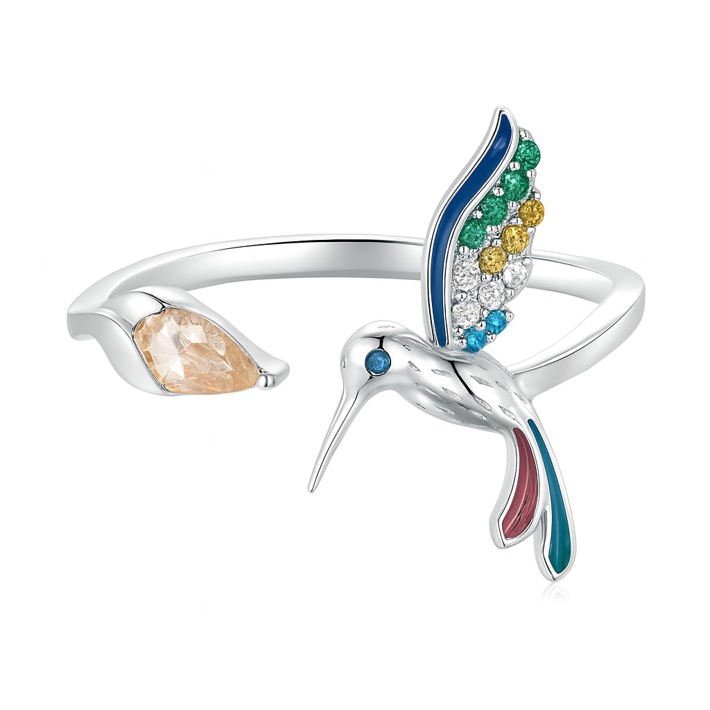 Stainless Steel Hummingbird Ring with Enamel Flowers, Adjustable, Turquoise and Purple