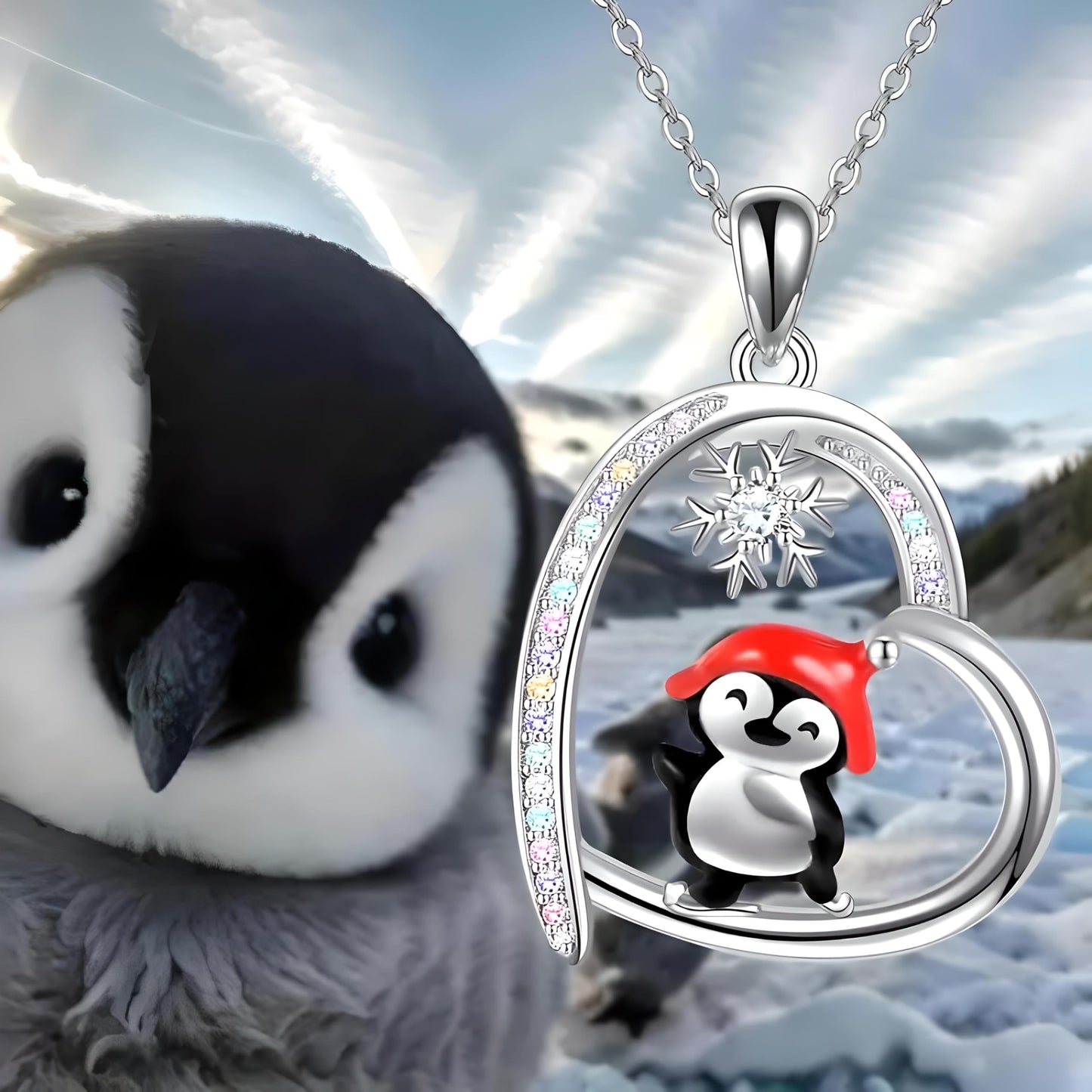 SUPAC Happy Feet Dancing Penguin with Snowflake Pendant Necklace with Rhinestones, Gift for a Birthday or Christmas