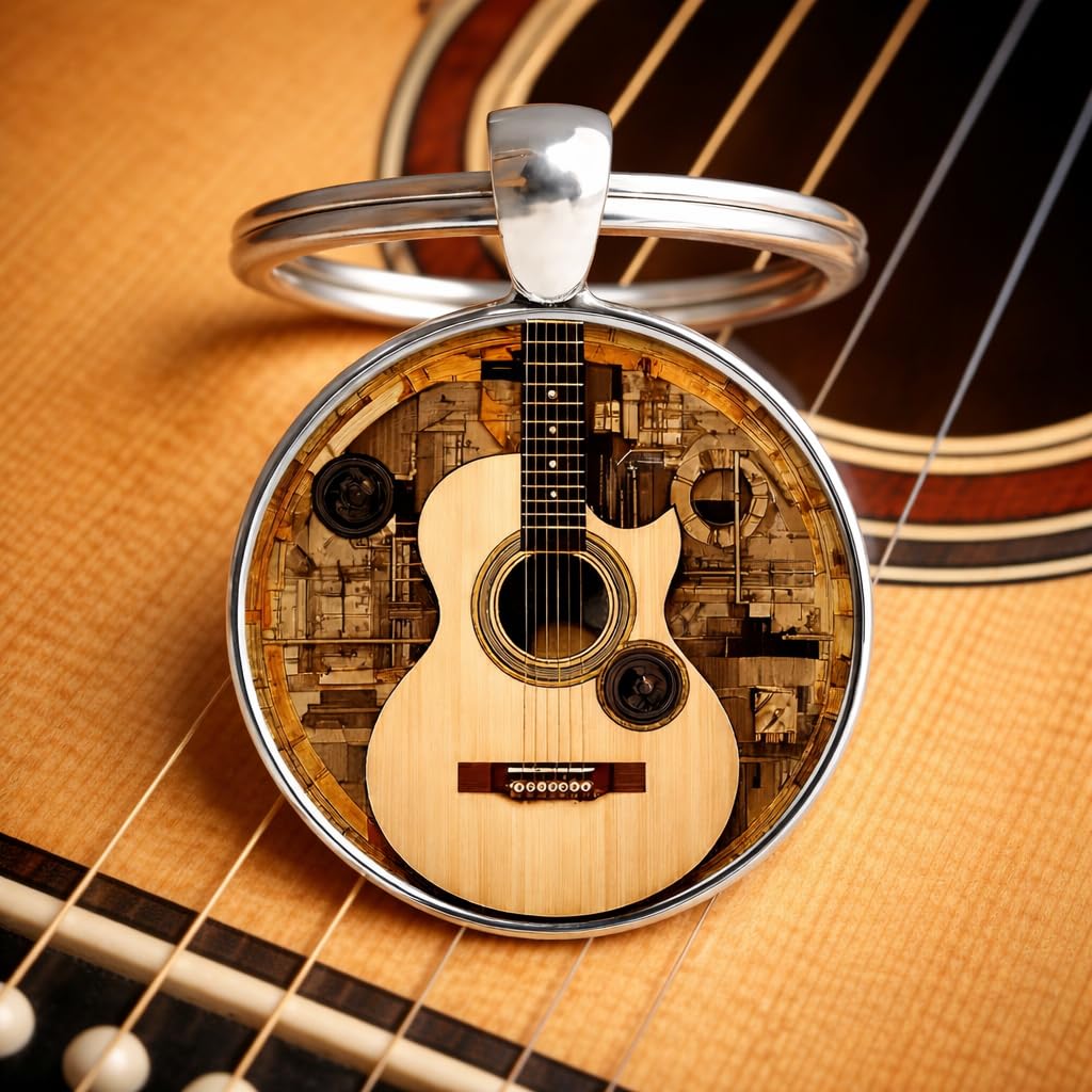 SUPAC Decorative Acoustic Guitar Keychain, 2D Flat Design, 1.18 inch Ring