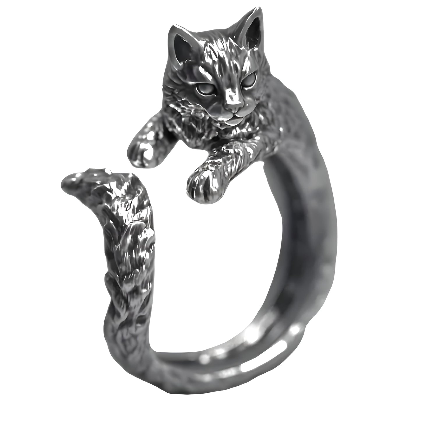 Silver Cat Ring for Men or Women, Unique Zinc Alloy Design, Antique Silver Plating - Adjustbale Stainless Steel Silver Cat Ring - Christmas or Birthday Gift