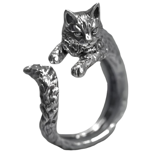 Silver Cat Ring for Men or Women, Unique Zinc Alloy Design, Antique Silver Plating - Adjustbale Stainless Steel Silver Cat Ring - Christmas or Birthday Gift