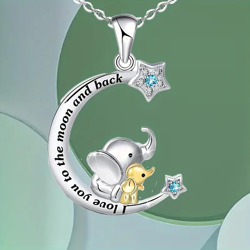 Moon and Stars Elephant Pendant Necklace, Silver Chain with Blue Crystal Stars - Elephant Lover's Gift